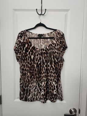 3/$25 Worthington Leopard Print Scoop Neck Top - Brown/Cream